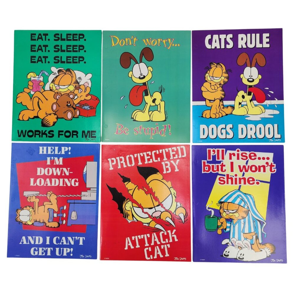 New Lot of 6 Vtg 1999 Garfield Cat & Odie Dog School Binder Pocket Folders NOS